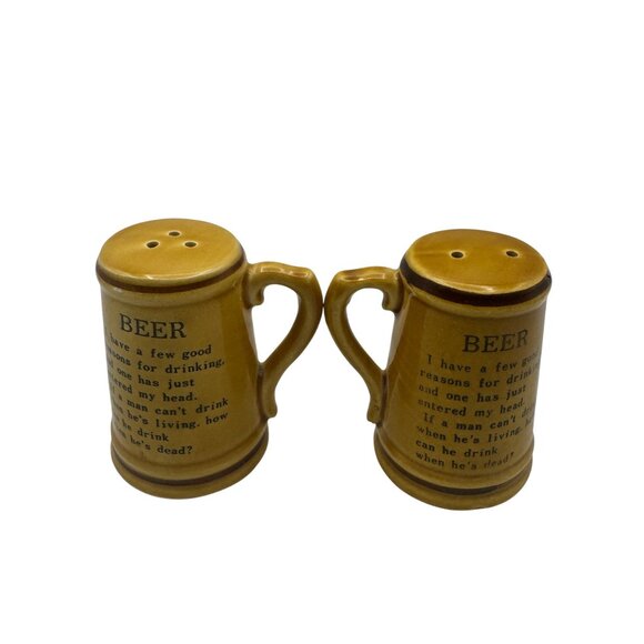 Vintage Ceramic Beer Mug Salt & Pepper Shakers With Humor Text - Picture 1 of 6